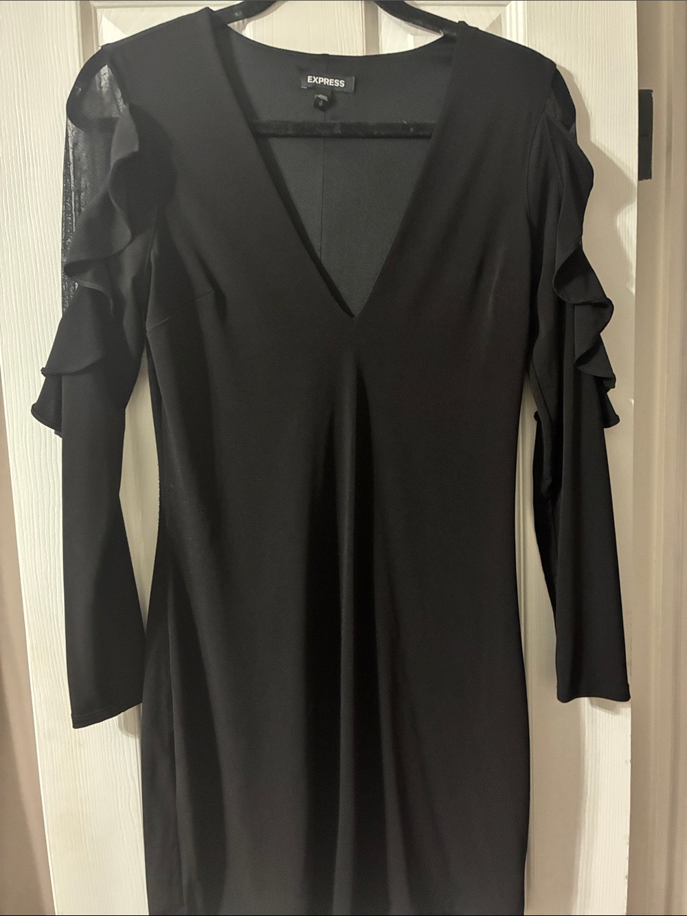 Express Black V-Neck Long Sleeve Ruffle Dress